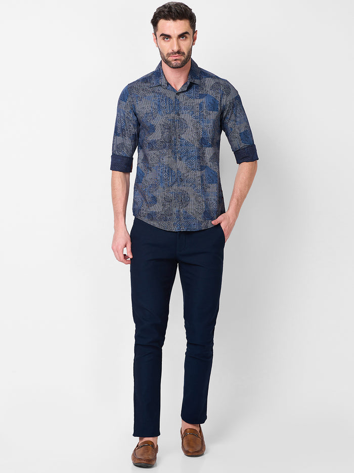 Full sleeves Slim Fit Navy all over Tonal Patchwork Paisley Print Shirt