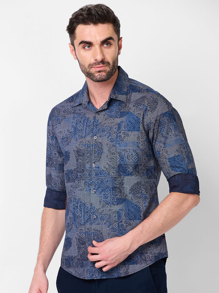 Full sleeves Slim Fit Navy all over Tonal Patchwork Paisley Print Shirt