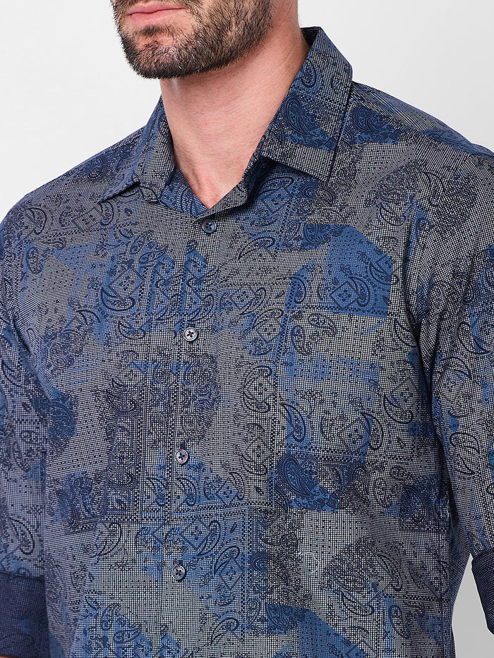Full sleeves Slim Fit Navy all over Tonal Patchwork Paisley Print Shirt