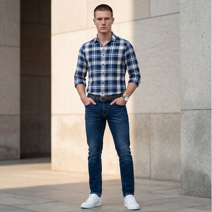 Full sleeves Slim Fit Navy Brushed Checks Shirt