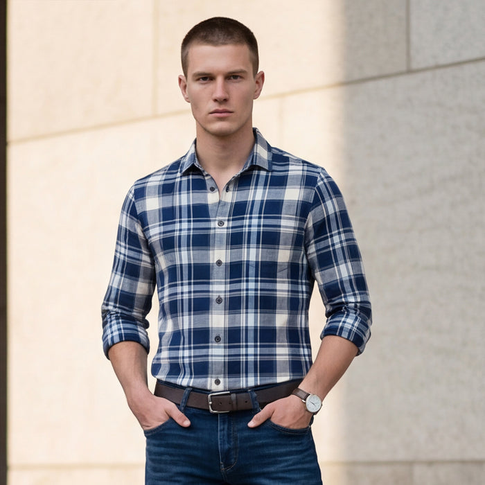 Full sleeves Slim Fit Navy Brushed Checks Shirt