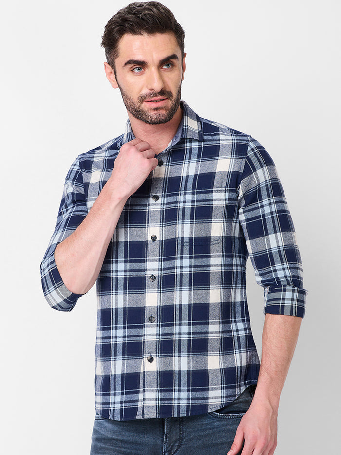 Full sleeves Slim Fit Navy Brushed Checks Shirt