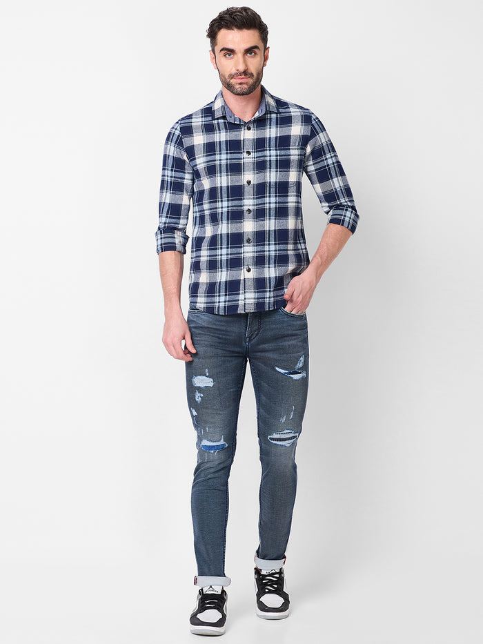 Full sleeves Slim Fit Navy Brushed Checks Shirt
