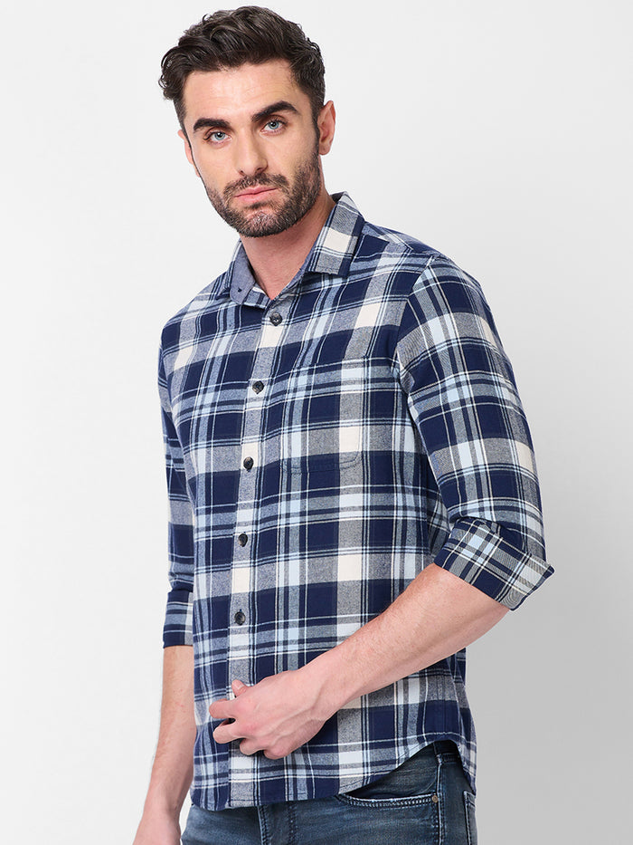 Full sleeves Slim Fit Navy Brushed Checks Shirt