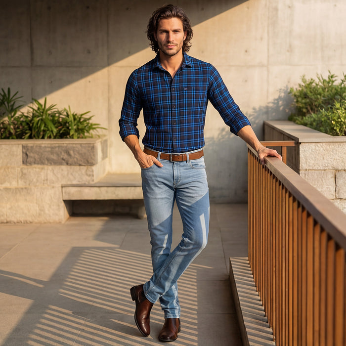 Full Sleeves Slim Fit Navy Checks Shirt