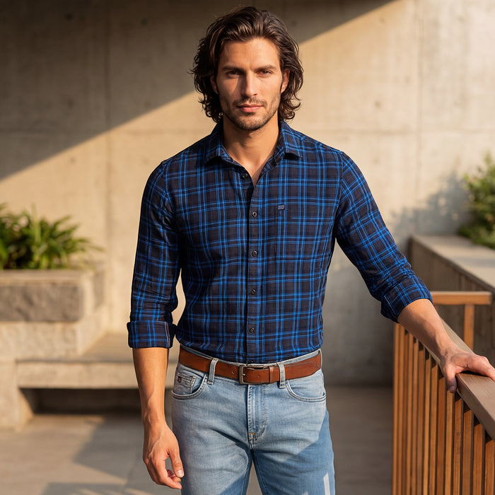 Full Sleeves Slim Fit Navy Checks Shirt