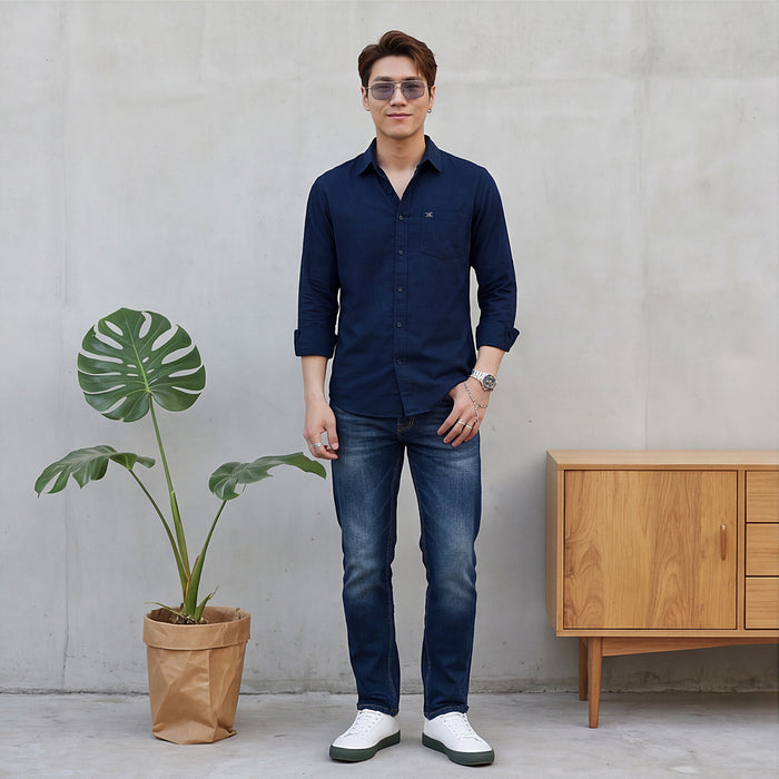 Full Sleeves Slim Fit Navy Doddy Structured Solid Shirt