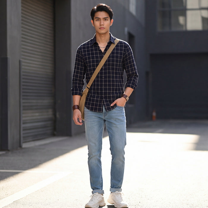 Full Sleeves Slim Fit Navy Fine Structured Checks Shirt