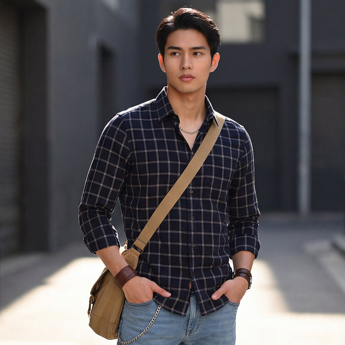 Full Sleeves Slim Fit Navy Fine Structured Checks Shirt