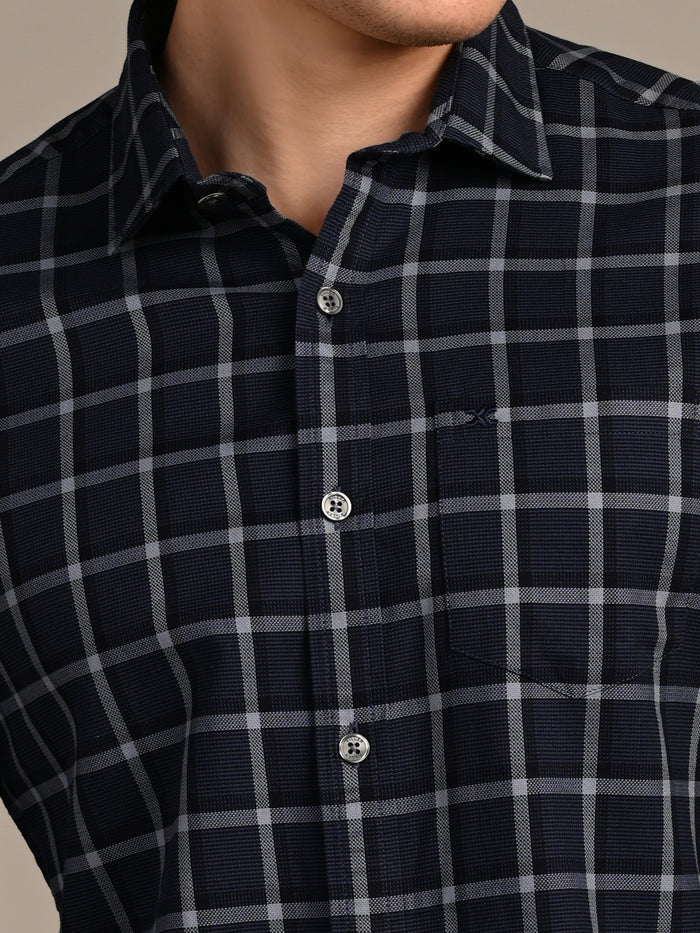 Full Sleeves Slim Fit Navy Fine Structured Checks Shirt