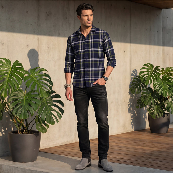 Full Sleeves Slim Fit Navy Structure Checks Shirt
