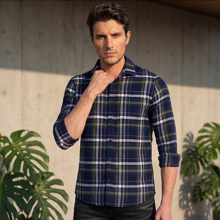 Full Sleeves Slim Fit Navy Structure Checks Shirt