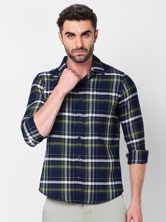 Full Sleeves Slim Fit Navy Structure Checks Shirt