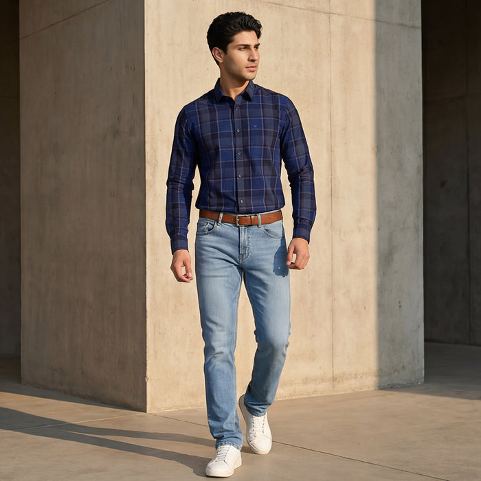 Full Sleeves Slim Fit Navy Tonal Checks Shirt