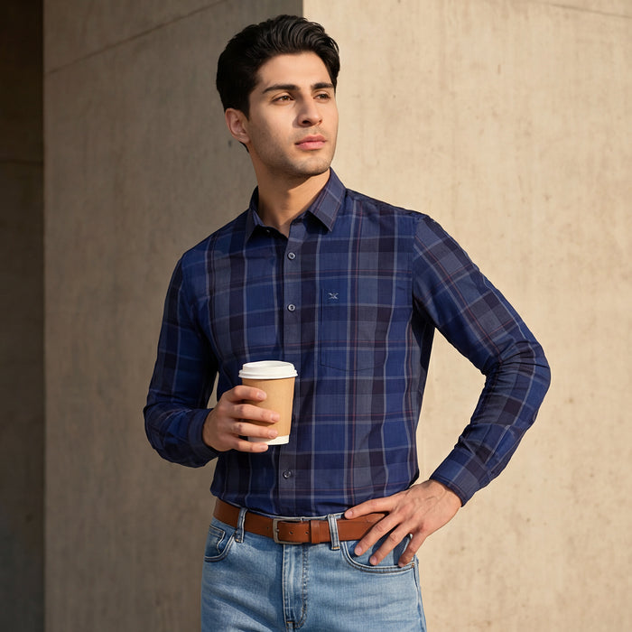 Full Sleeves Slim Fit Navy Tonal Checks Shirt