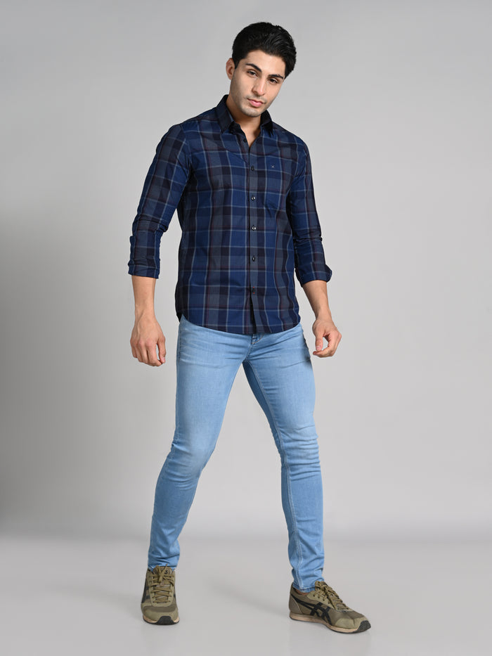 Full Sleeves Slim Fit Navy Tonal Checks Shirt