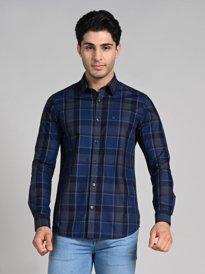 Full Sleeves Slim Fit Navy Tonal Checks Shirt