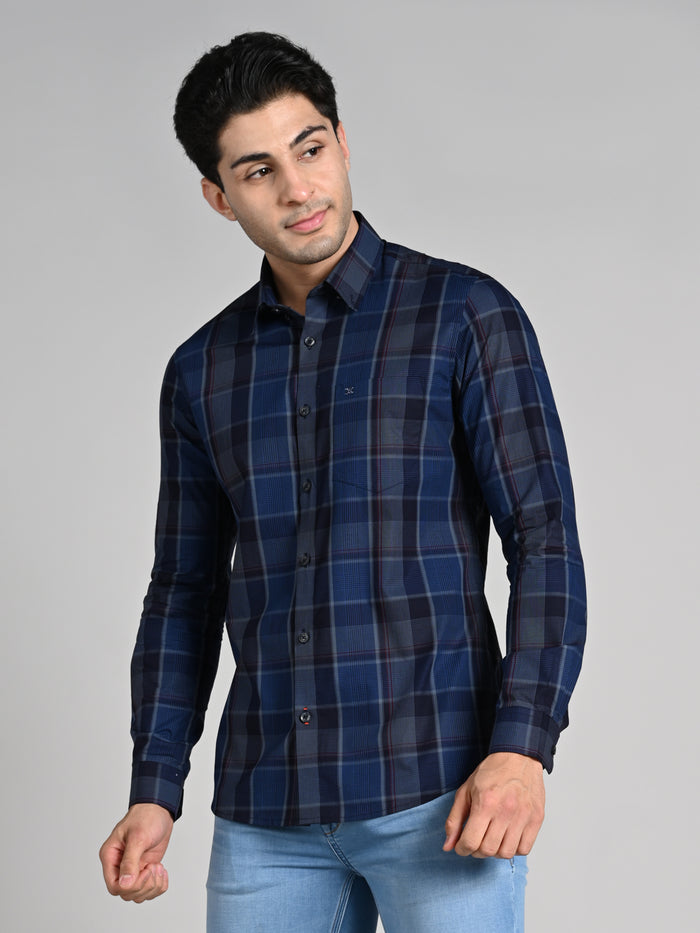 Full Sleeves Slim Fit Navy Tonal Checks Shirt