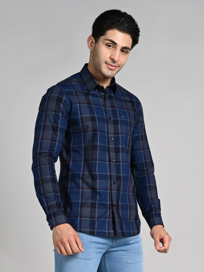 Full Sleeves Slim Fit Navy Tonal Checks Shirt