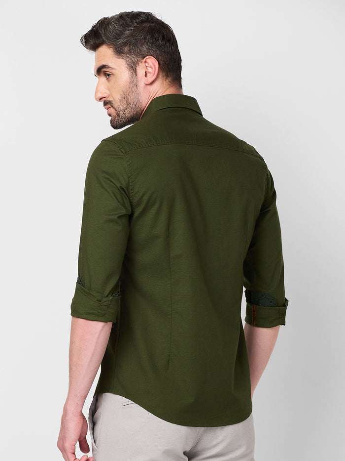 Full Sleeves Slim Fit Olive Button-Down Oxford Solid Shirt