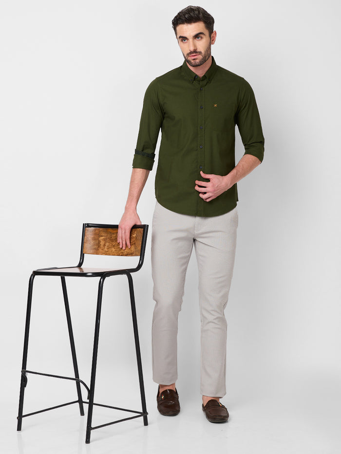 Full Sleeves Slim Fit Olive Button-Down Oxford Solid Shirt