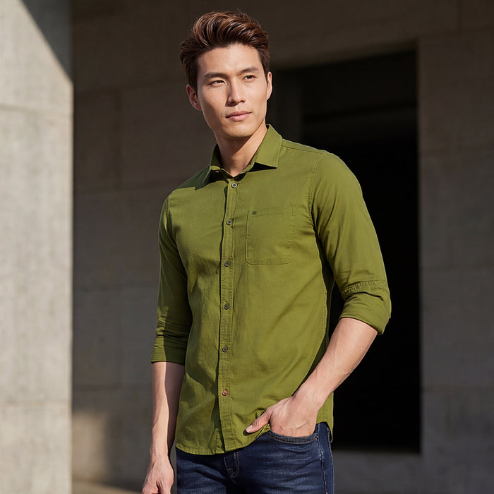 Full sleeves Slim Fit Olive Cambric Solid Shirt