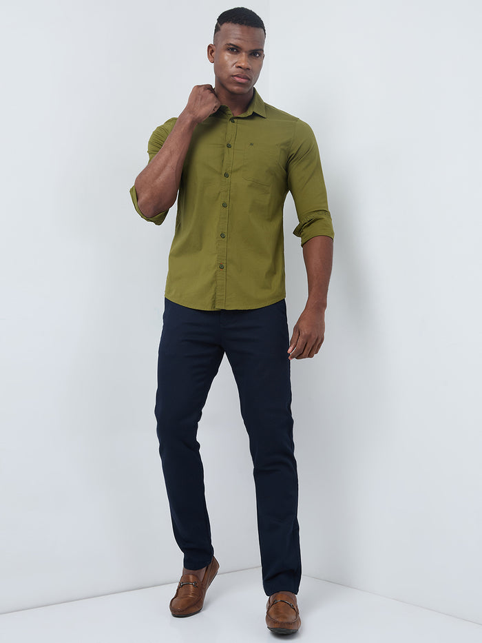 Full sleeves Slim Fit Olive Cambric Solid Shirt
