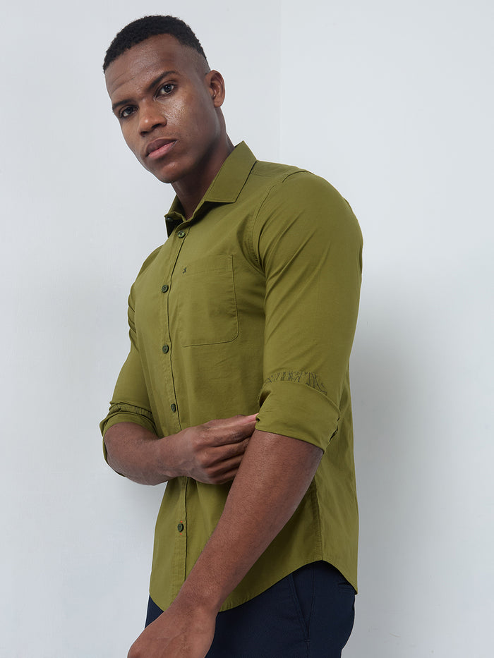 Full sleeves Slim Fit Olive Cambric Solid Shirt