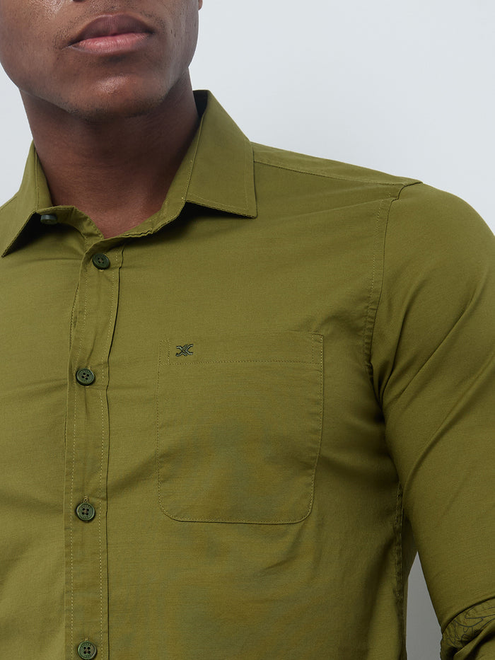 Full sleeves Slim Fit Olive Cambric Solid Shirt