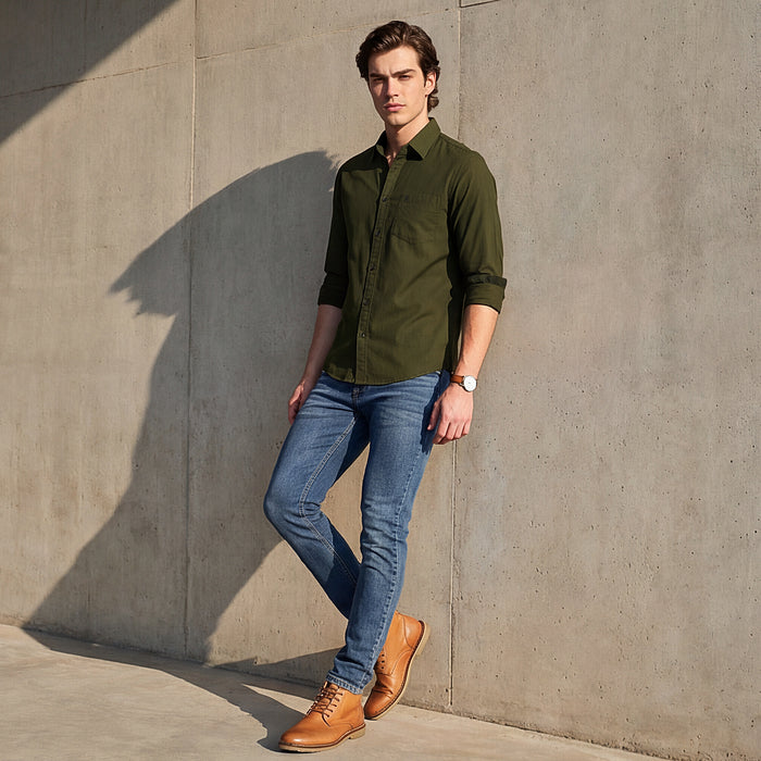 Full Sleeves Slim Fit Olive Dobby Structure Button-Down Solid Shirt