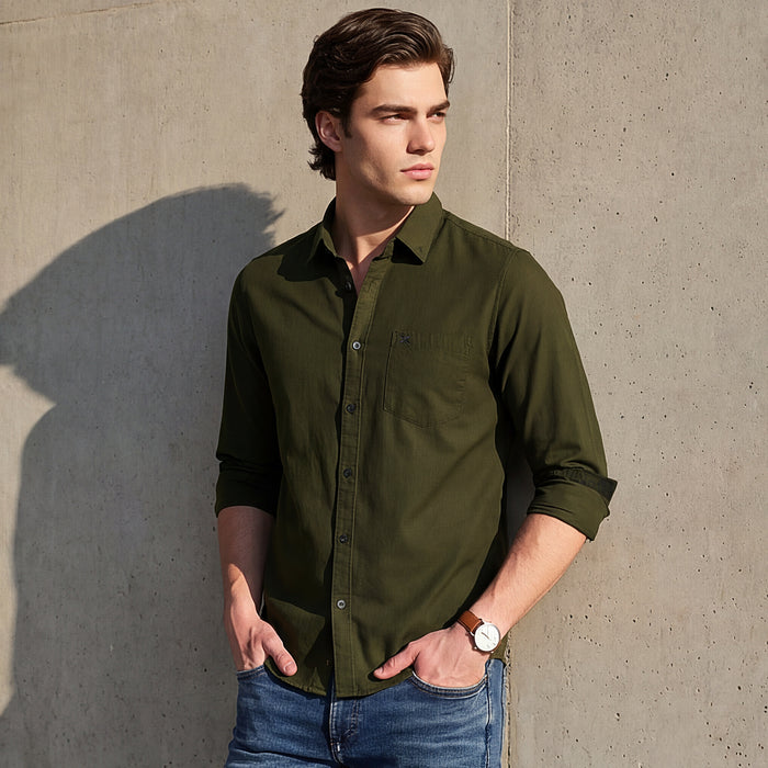 Full Sleeves Slim Fit Olive Dobby Structure Button-Down Solid Shirt