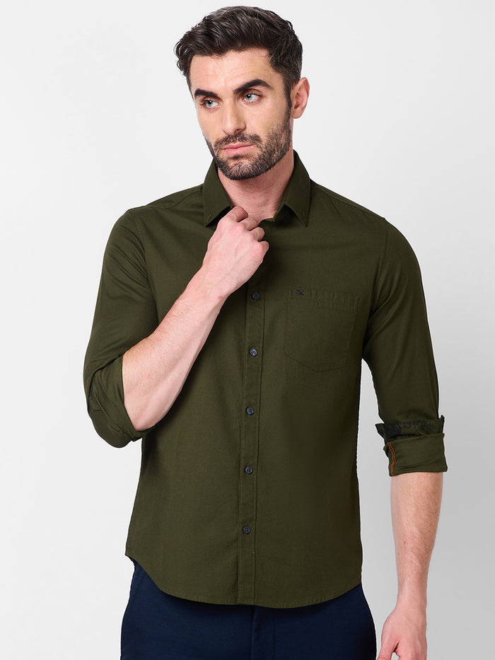 Full Sleeves Slim Fit Olive Dobby Structure Button-Down Solid Shirt