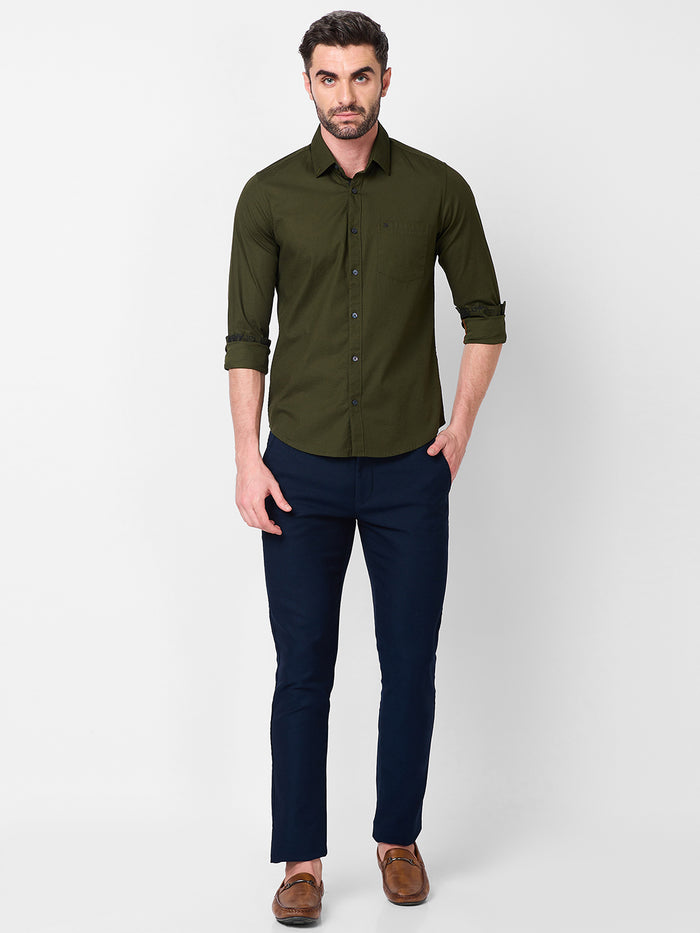 Full Sleeves Slim Fit Olive Dobby Structure Button-Down Solid Shirt
