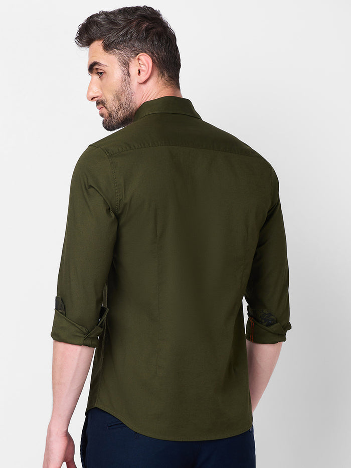Full Sleeves Slim Fit Olive Dobby Structure Button-Down Solid Shirt
