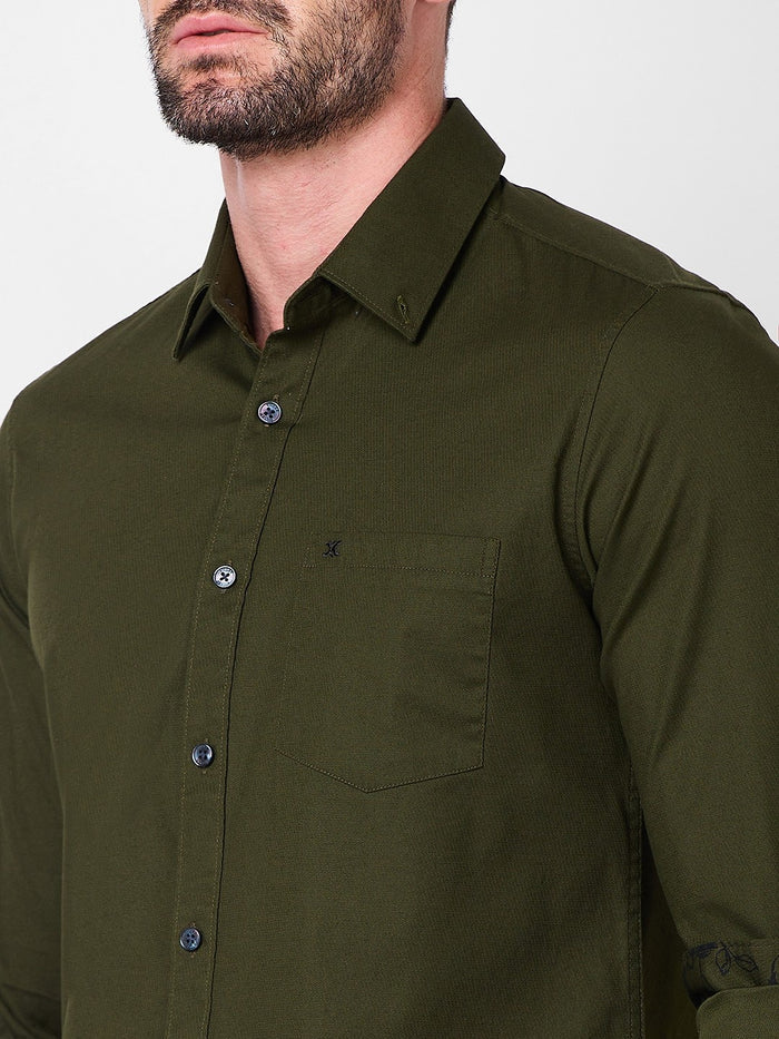 Full Sleeves Slim Fit Olive Dobby Structure Button-Down Solid Shirt