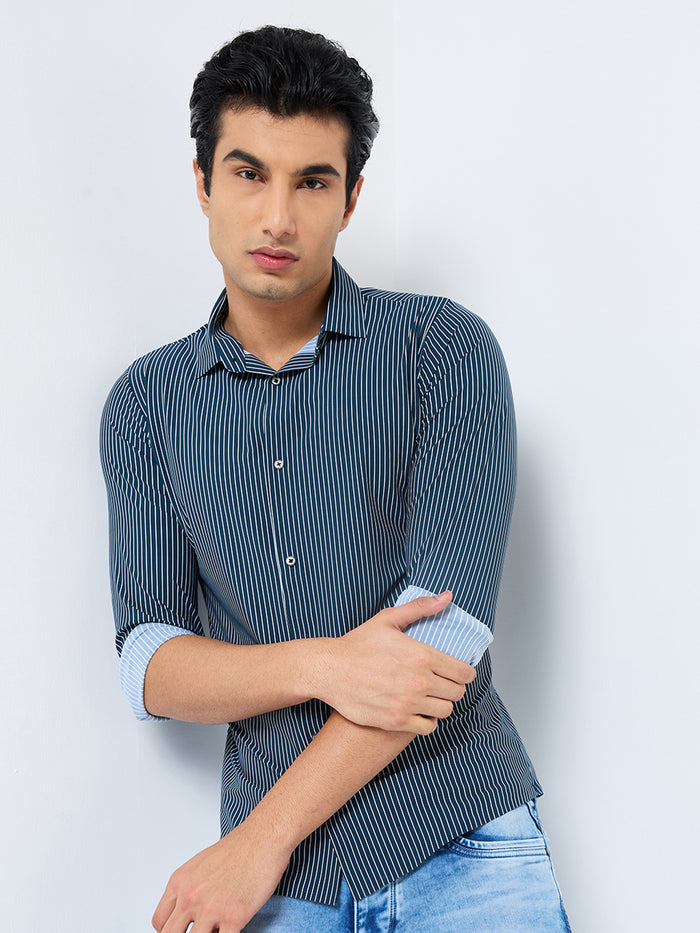 Full Sleeves Slim Fit Olive Fine Knit Stripe Shirt