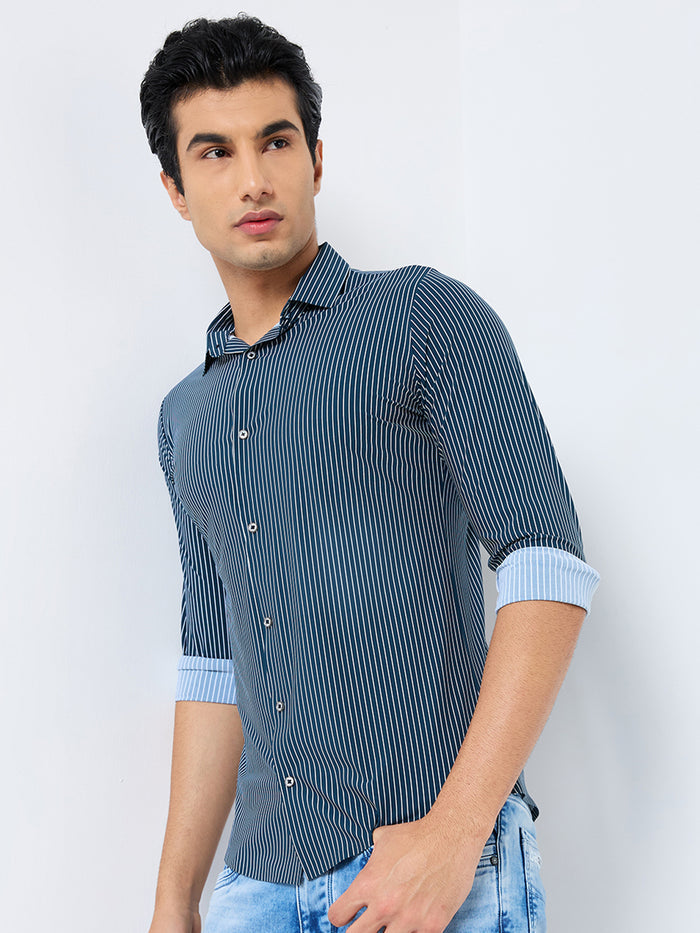 Full Sleeves Slim Fit Olive Fine Knit Stripe Shirt