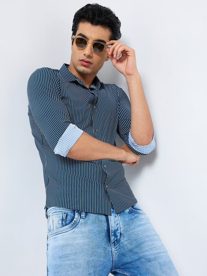 Full Sleeves Slim Fit Olive Fine Knit Stripe Shirt