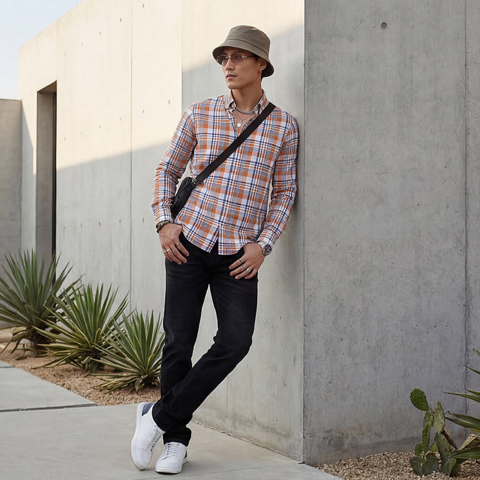 Full Sleeves Slim Fit Orange Button-Down Oxford Checks Shirt