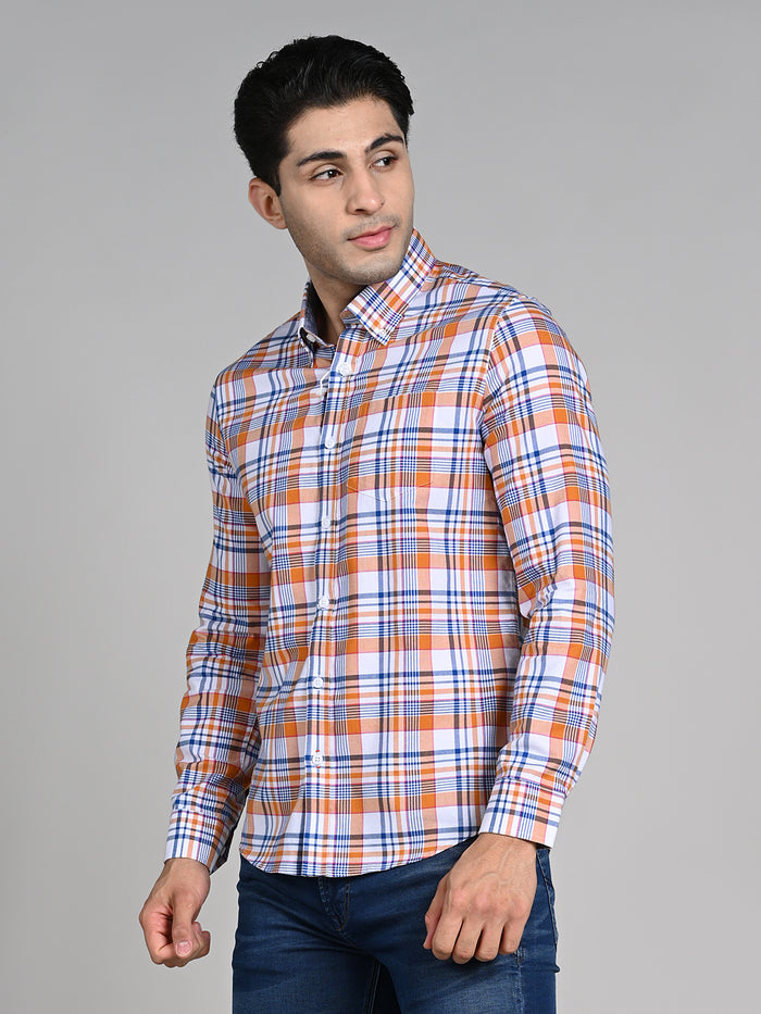 Full Sleeves Slim Fit Orange Button-Down Oxford Checks Shirt