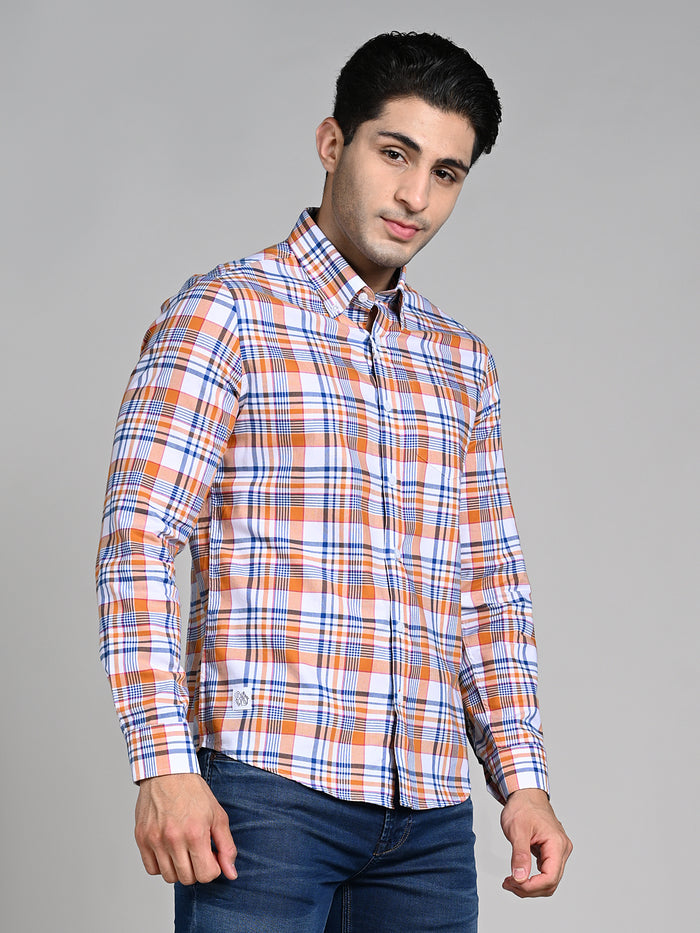 Full Sleeves Slim Fit Orange Button-Down Oxford Checks Shirt