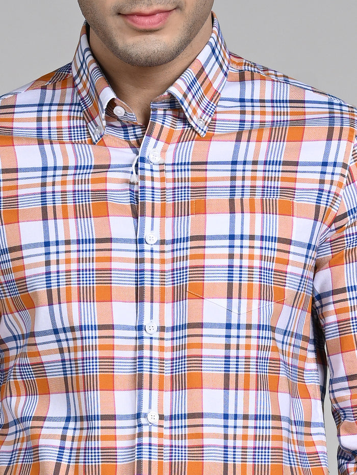 Full Sleeves Slim Fit Orange Button-Down Oxford Checks Shirt