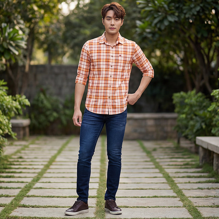 Full sleeves Slim Fit Orange Light Weight Checks Shirt