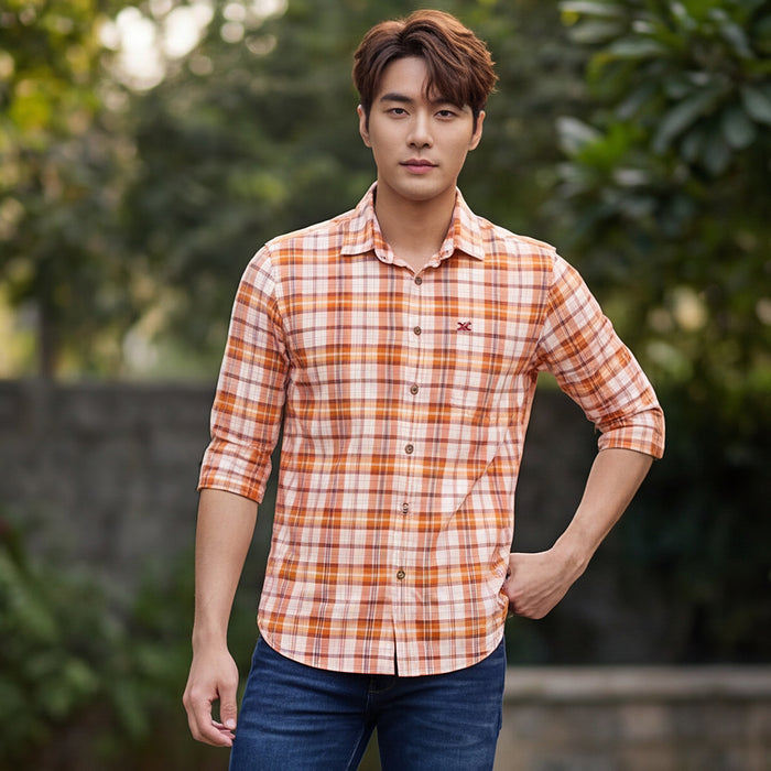 Full sleeves Slim Fit Orange Light Weight Checks Shirt