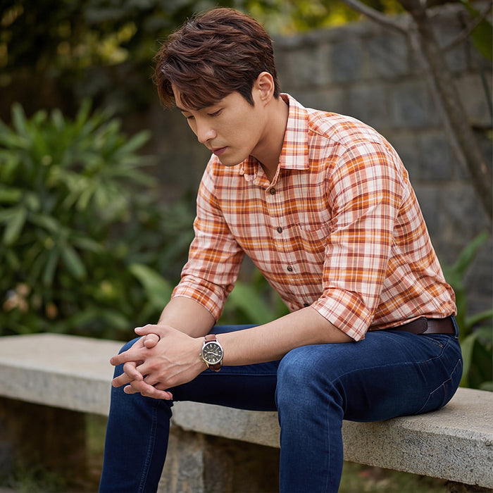 Full sleeves Slim Fit Orange Light Weight Checks Shirt