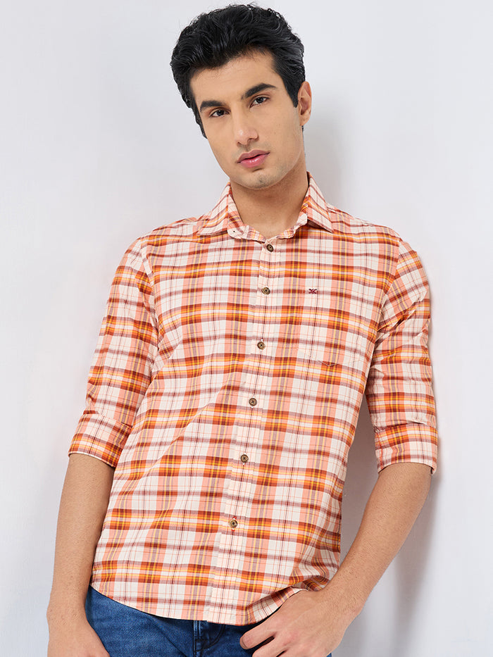 Full sleeves Slim Fit Orange Light Weight Checks Shirt