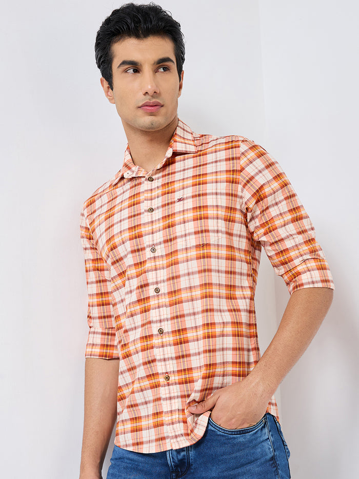 Full sleeves Slim Fit Orange Light Weight Checks Shirt