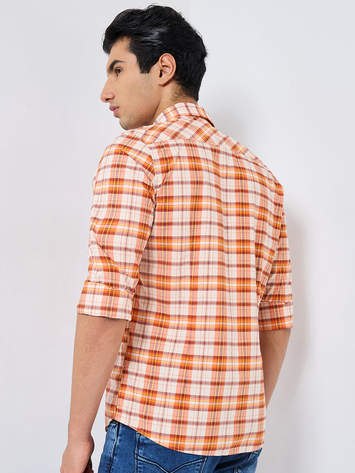 Full sleeves Slim Fit Orange Light Weight Checks Shirt