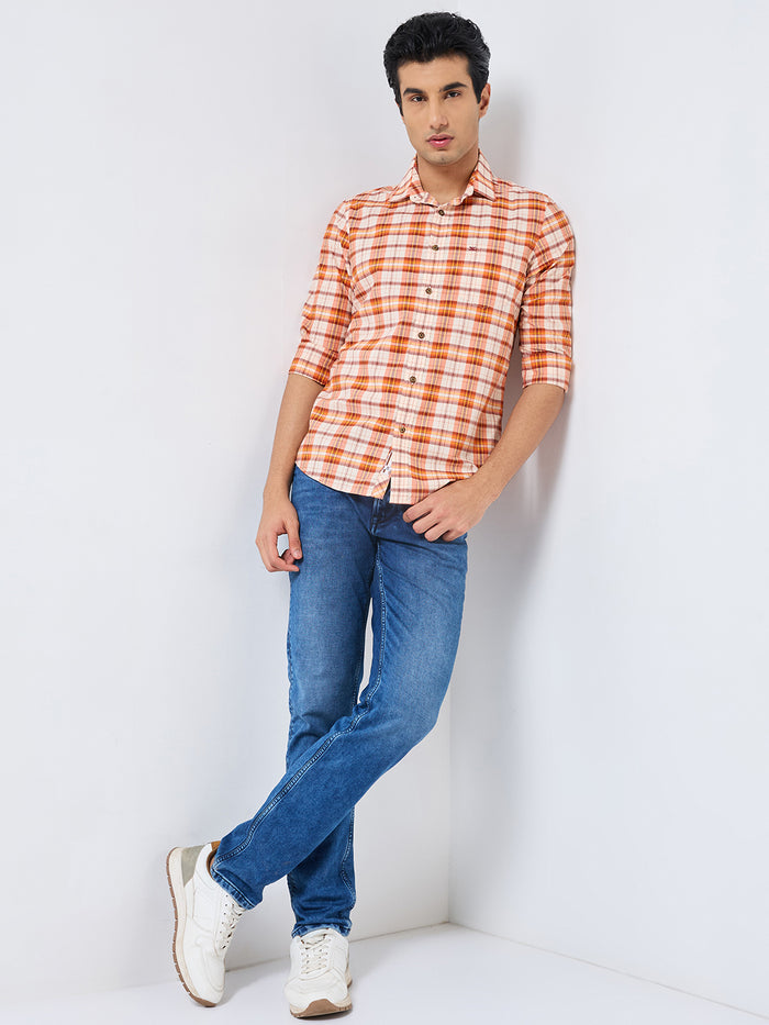 Full sleeves Slim Fit Orange Light Weight Checks Shirt