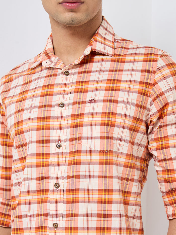 Full sleeves Slim Fit Orange Light Weight Checks Shirt
